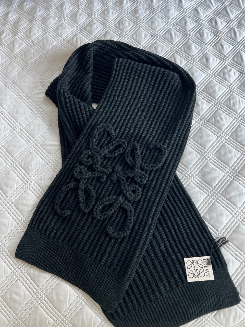 NWT LOEWE cashmere silk black scarf w embroidered logo